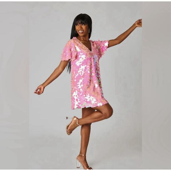 EUC Buddy Love Pink Iridescent Sequin Taya Dress- Large- Short Sleeve - Picture 2 of 3